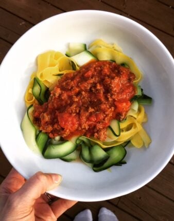 Zucchini and Summer Squash Ribbons with Meat Sauce