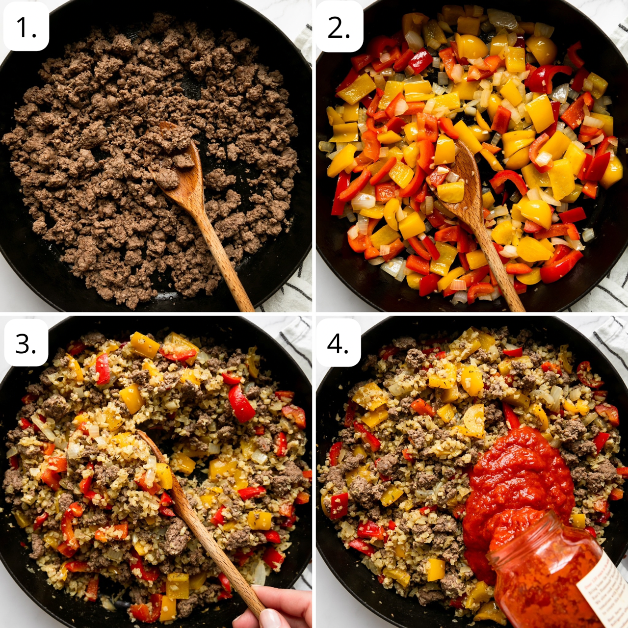steps for how to make a deconstructed stuffed pepper in a skillet
