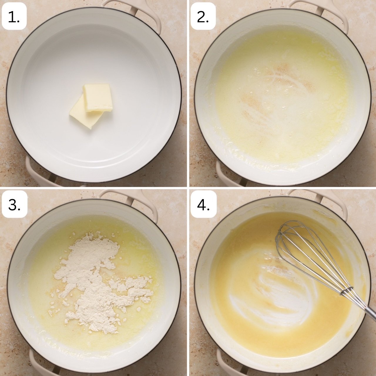 the first four steps for making gluten free mac and cheese