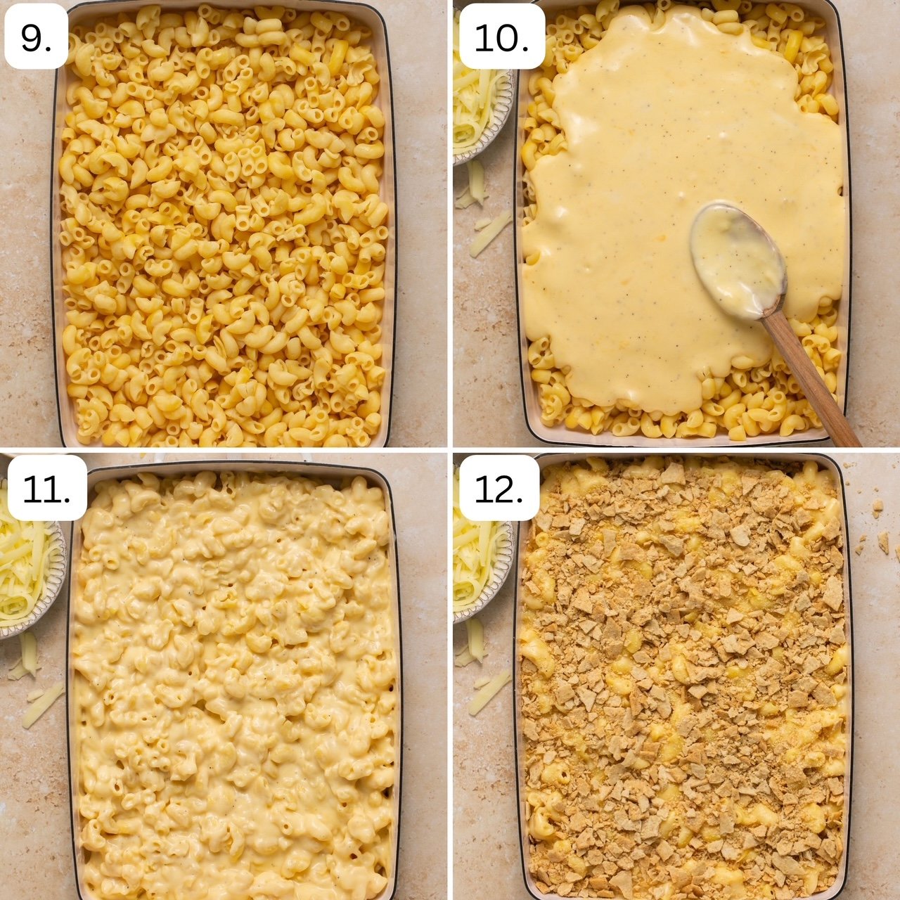 the last 4 steps for making mac and cheese in the oven