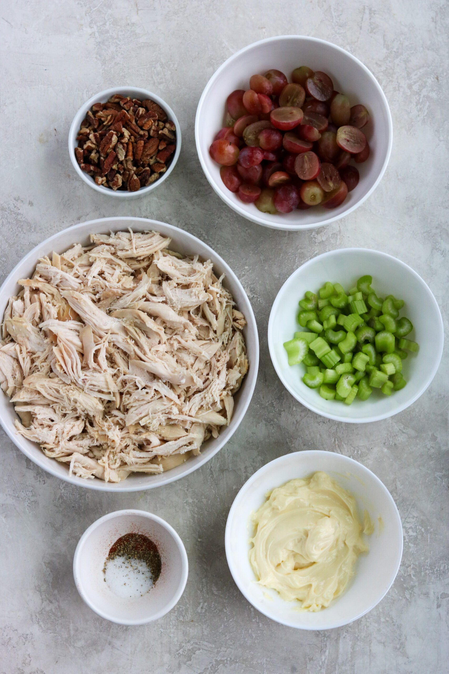 Ingredients to make a healthy recipe for chicken salad