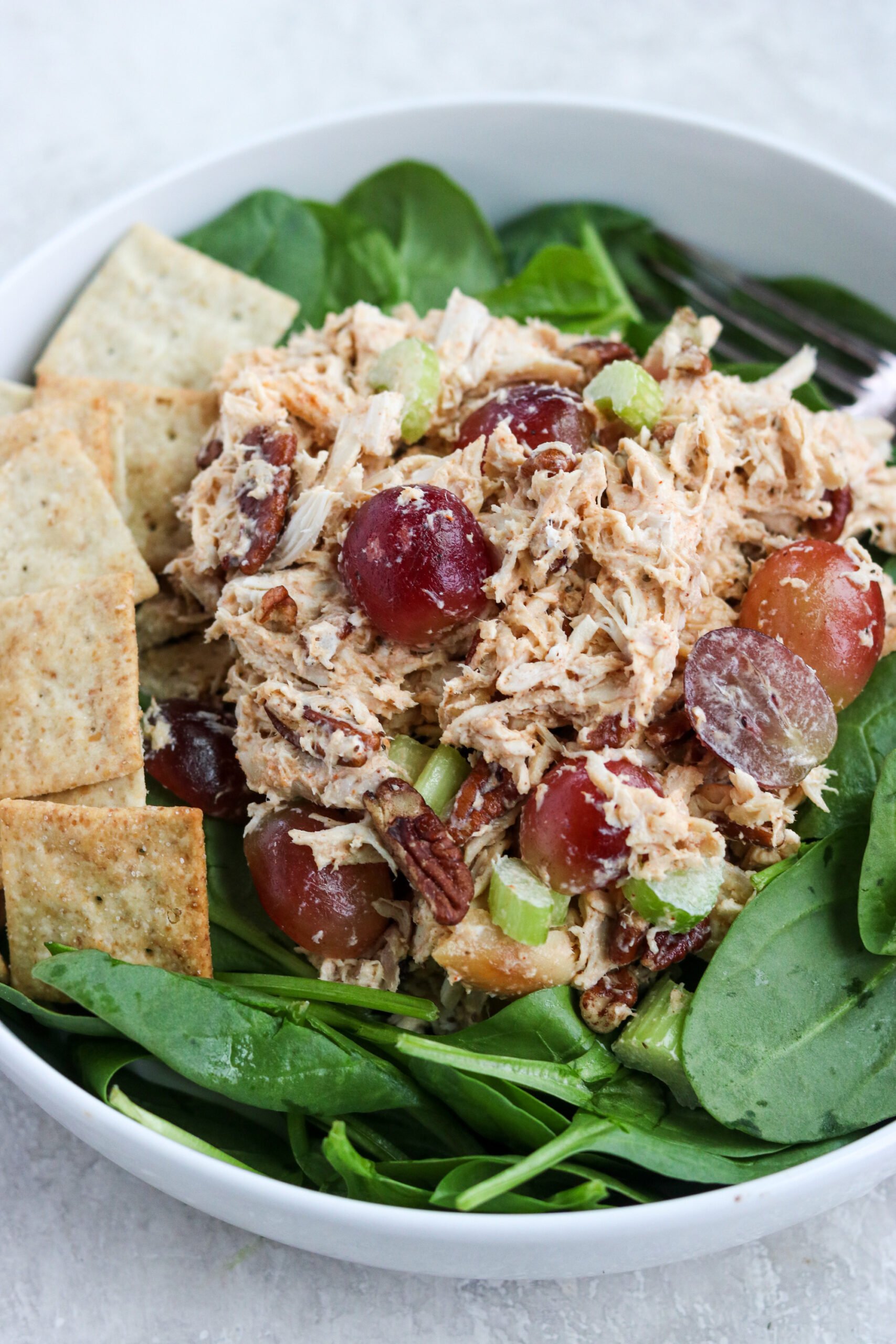 healthy chicken salad with grapes, pecans, and celery on lettuce with grain free crackers