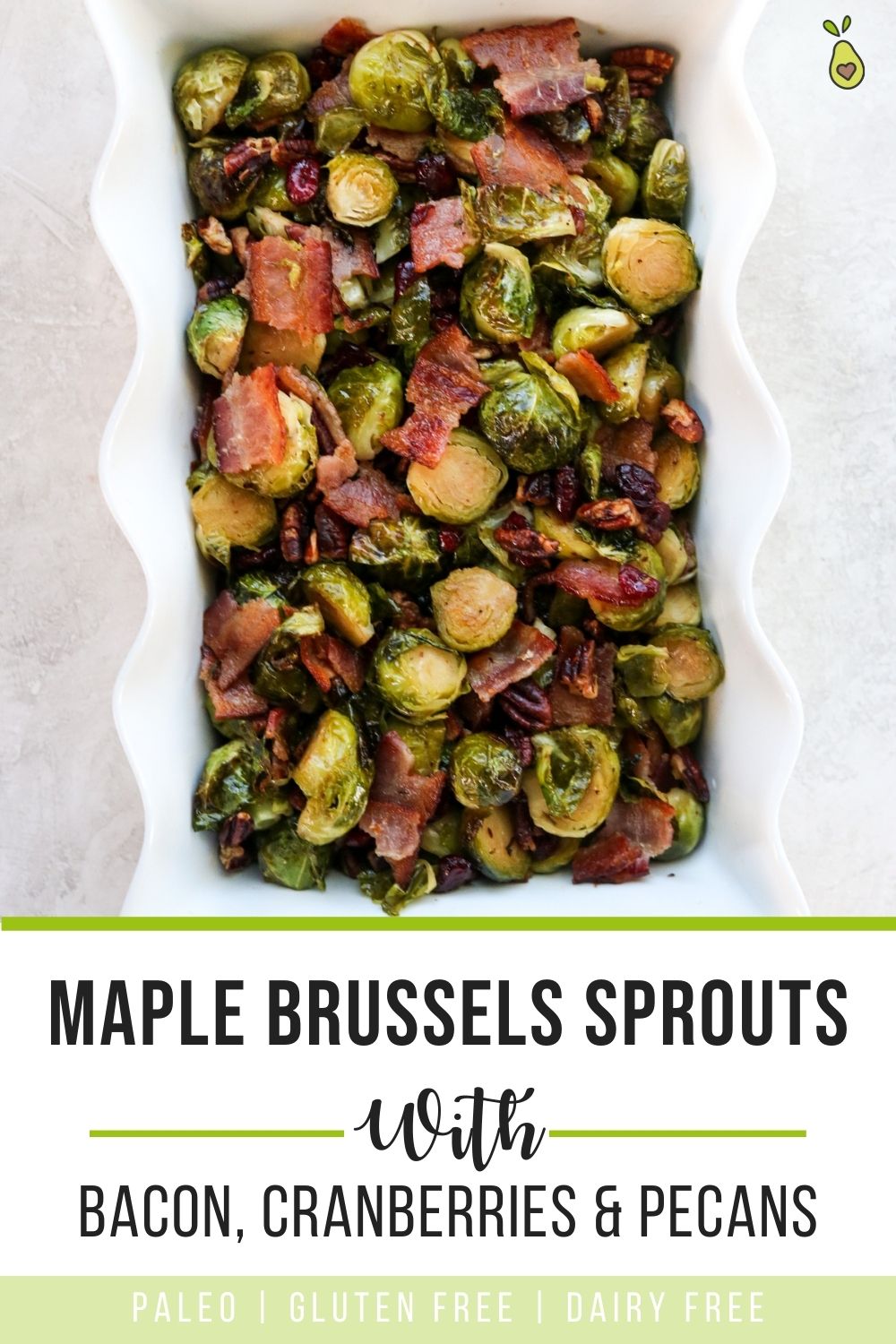 pinterest pin of maple bacon roasted brussels sprouts