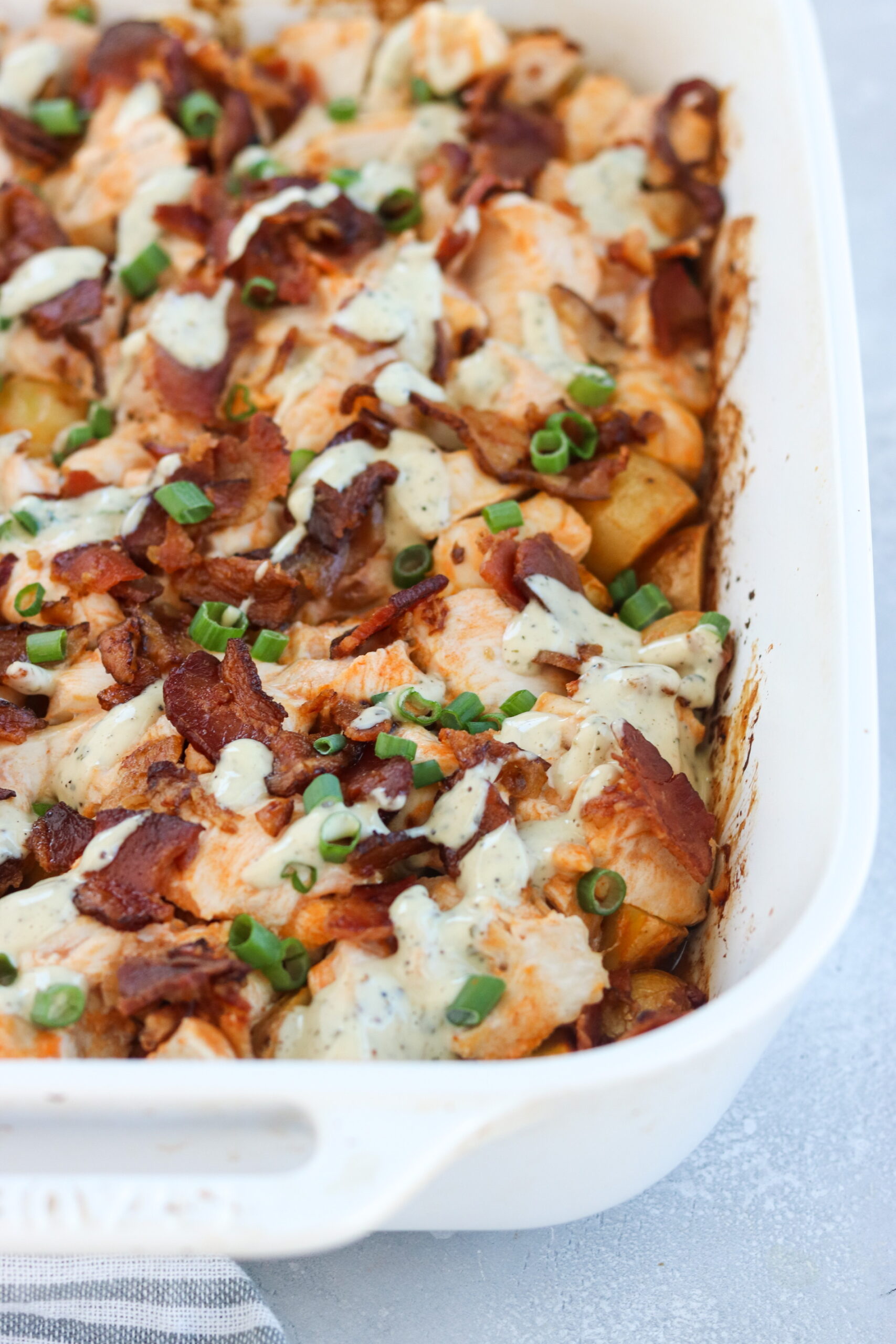 Loaded potato and Buffalo chicken casserole that is whole30 and paleo