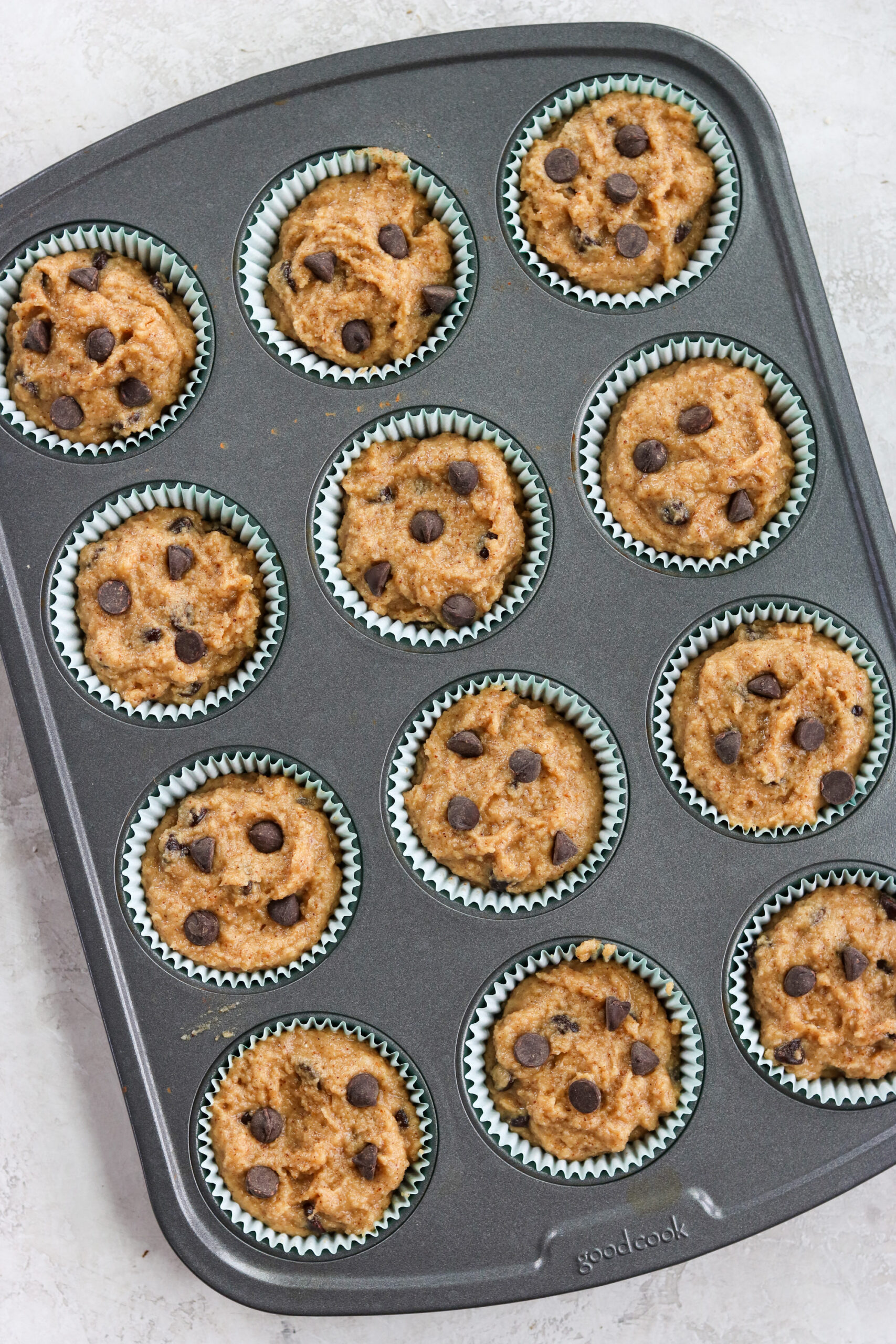 raw muffin batter with chocolate chips in a muffin tin with liners