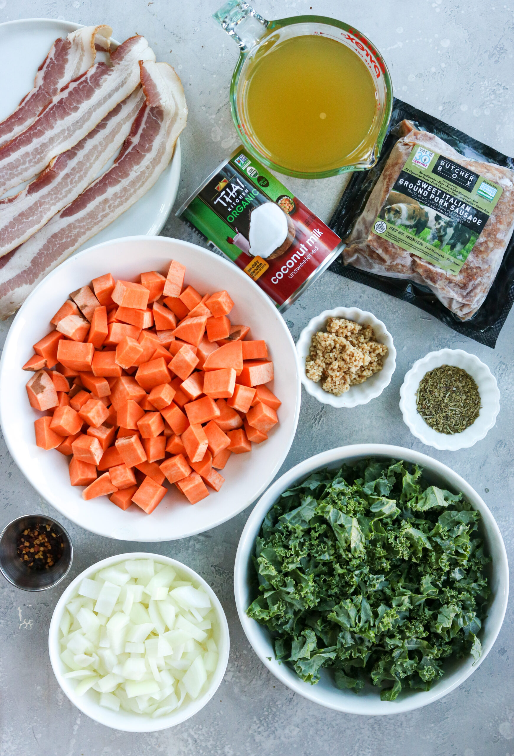 Ingredients for Whole30 Zuppa Toscana in bowls