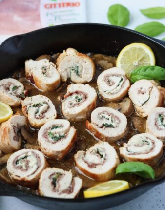 Prosciutto and Basil Stuffed Chicken with Mushrooms