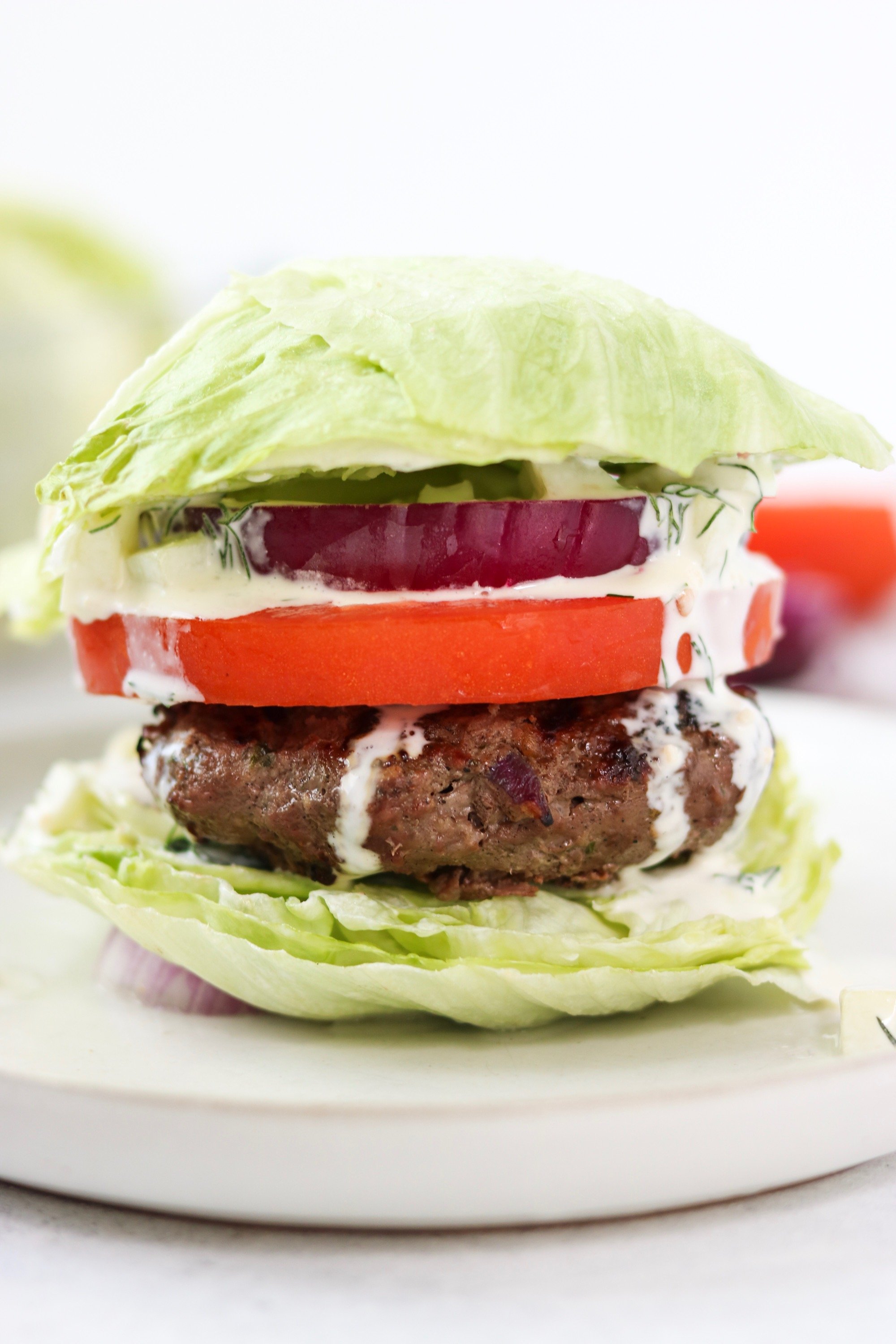 low carb and keto grassfed greek burger on a lettuce cup