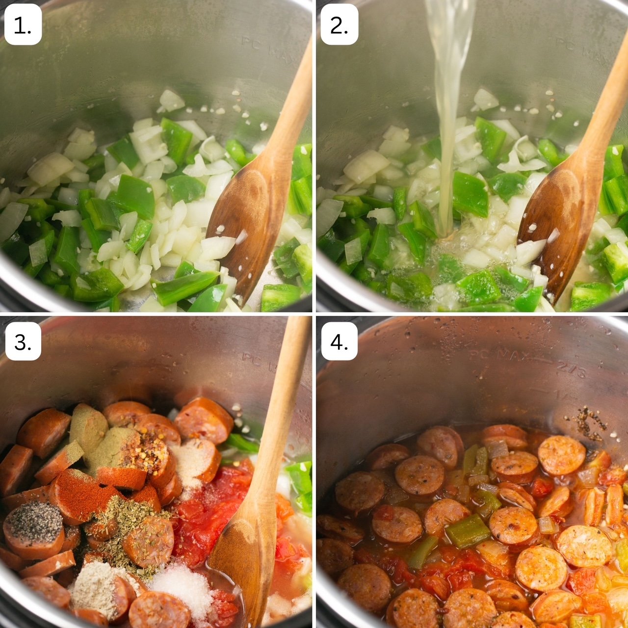numbered step by step photos showing how to make instant pot jambalaya