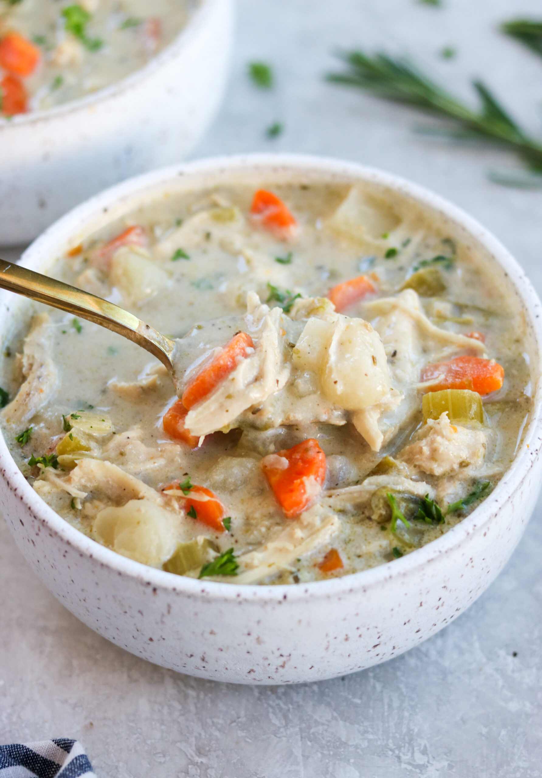 A spoonful of paleo chicken pot pie soup