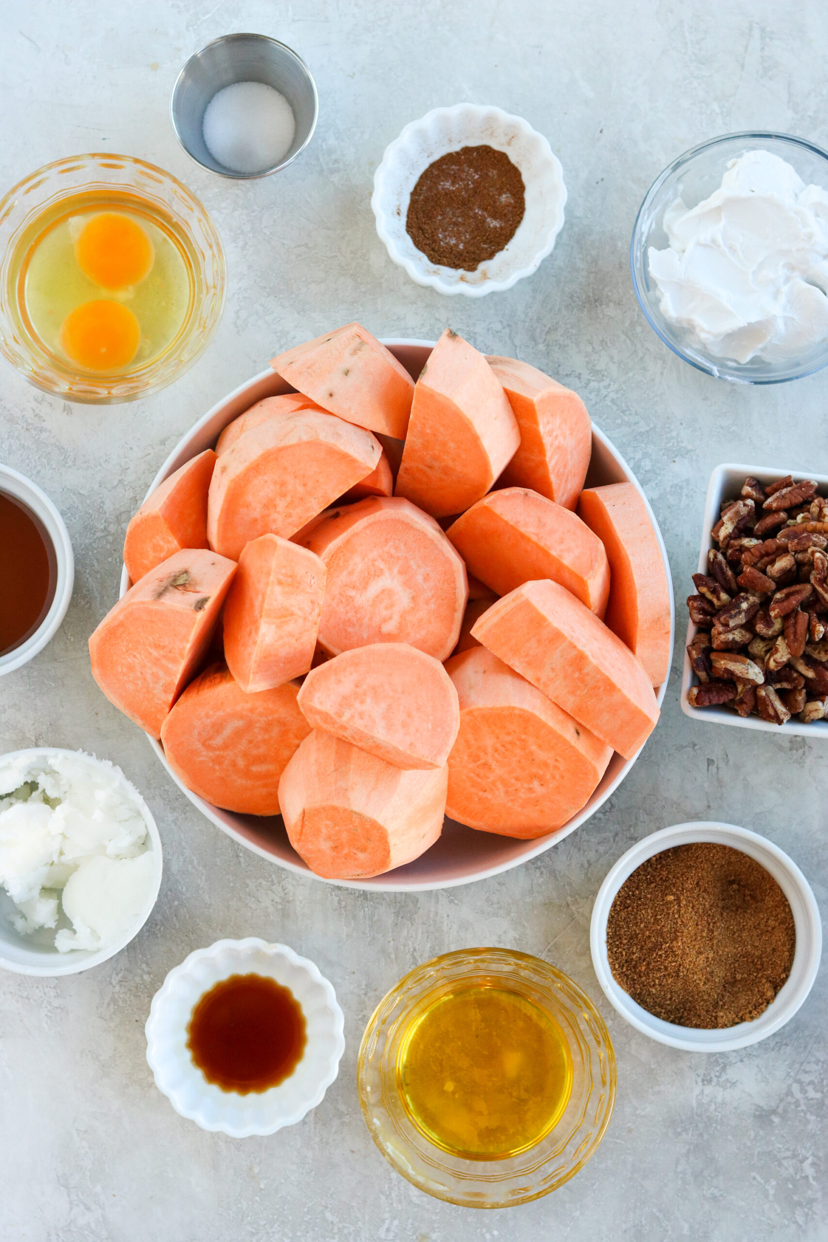 ingredients for the paleo and healthier version of sweet potato casserole