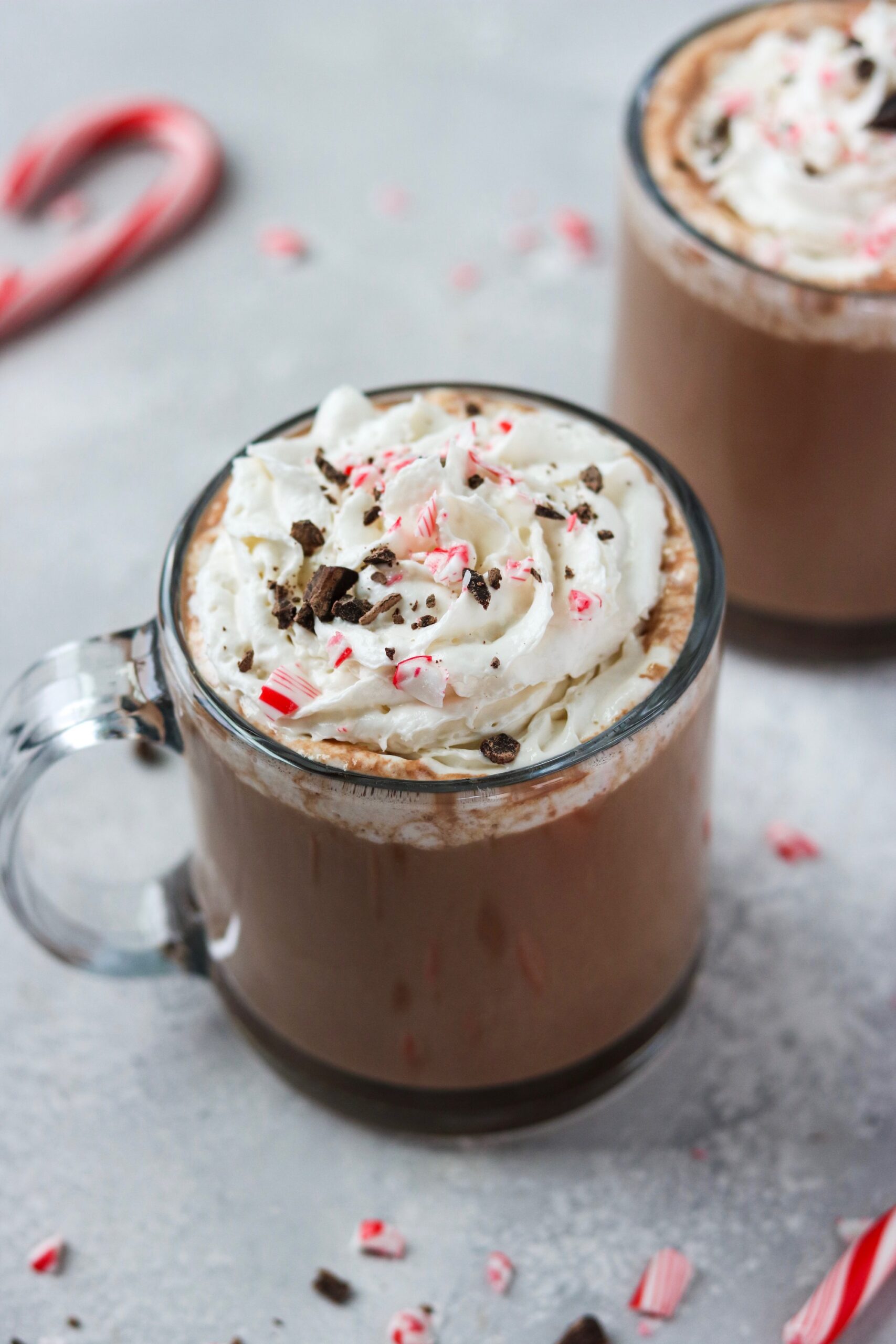 a side view of a mug of Christmas hot chocolate