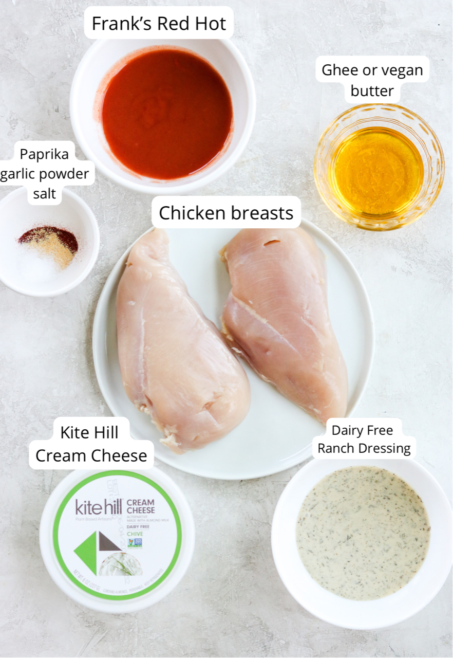 labeled ingredients for healthy instant pot buffalo chicken dip