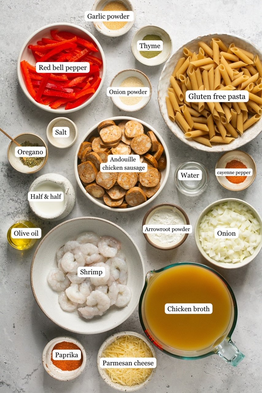ingredients for cajun pasta in nesting bowls