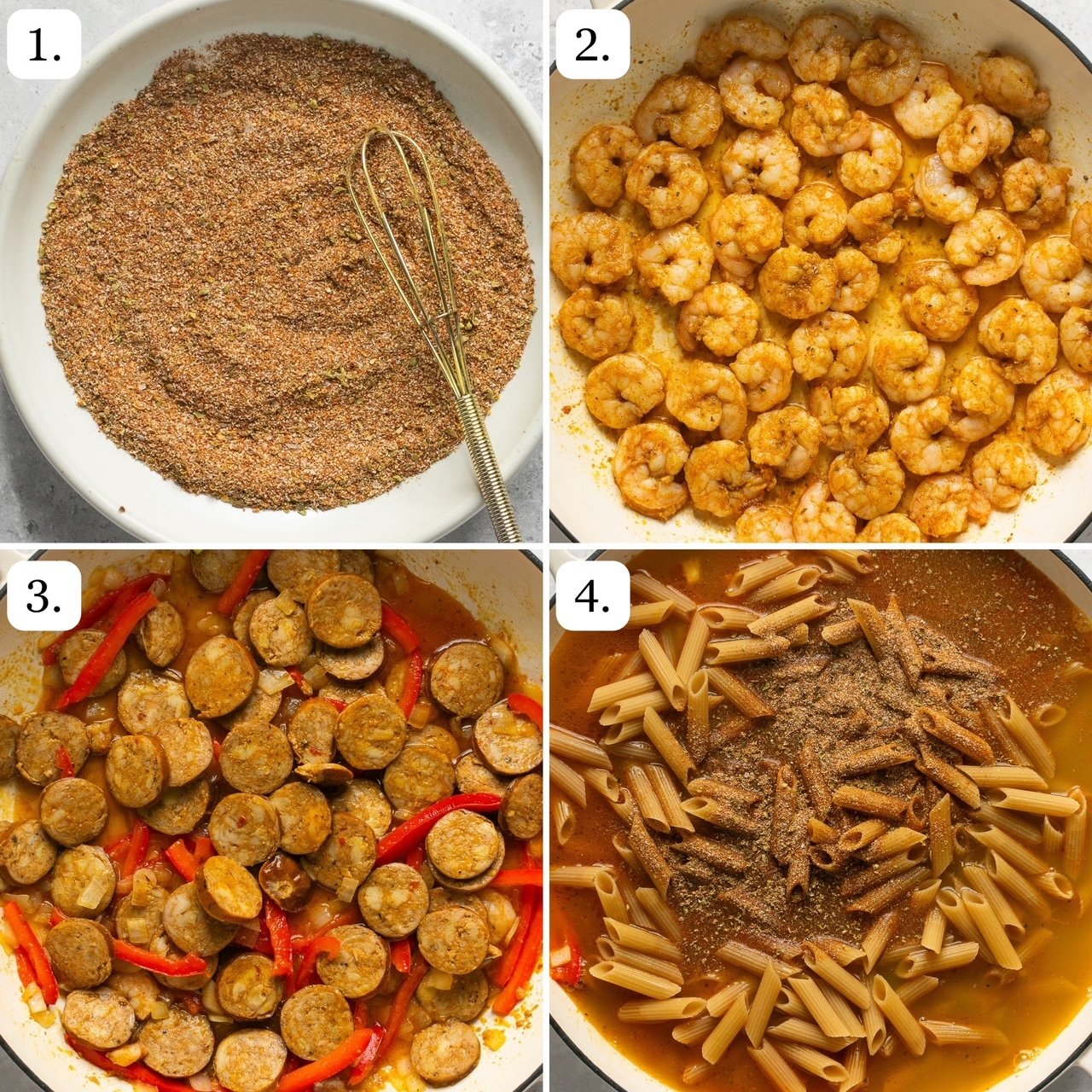 the first four steps for making one pot cajun pasta with shrimp and sausage
