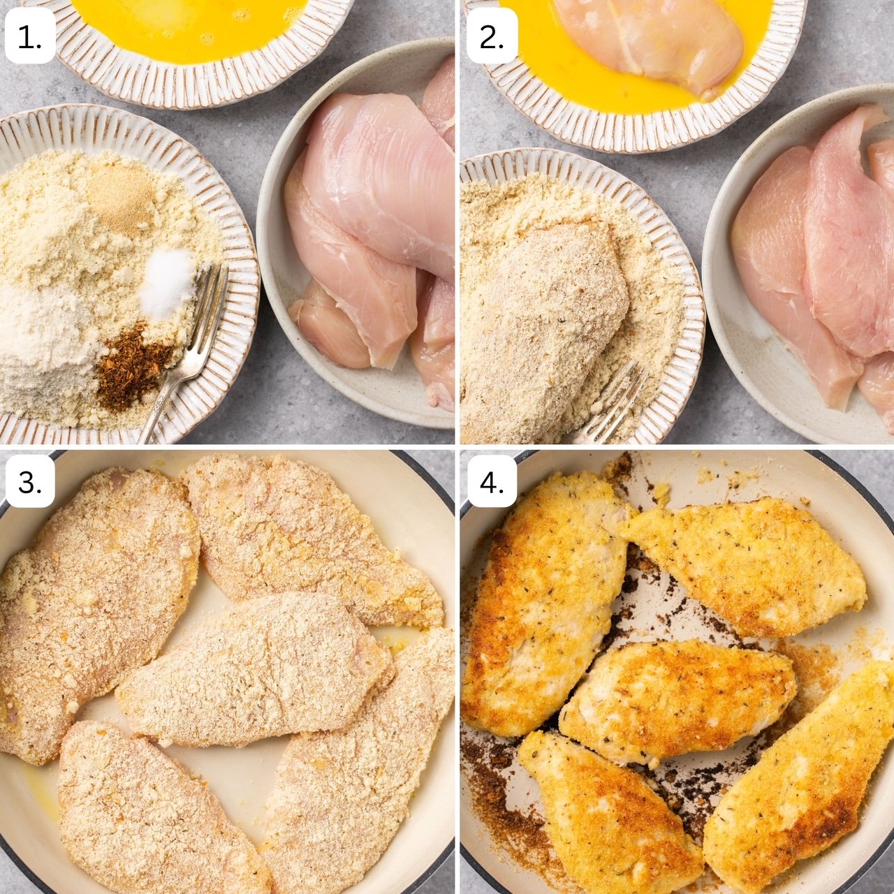 the first four steps for making chicken parmesan on the stove