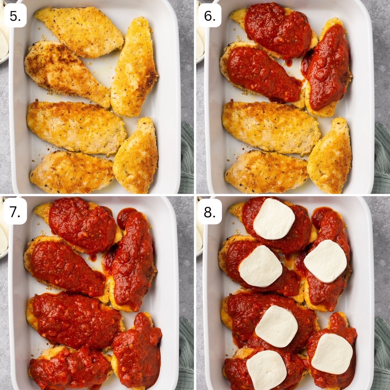 the last 4 steps for making gluten free chicken parmesan