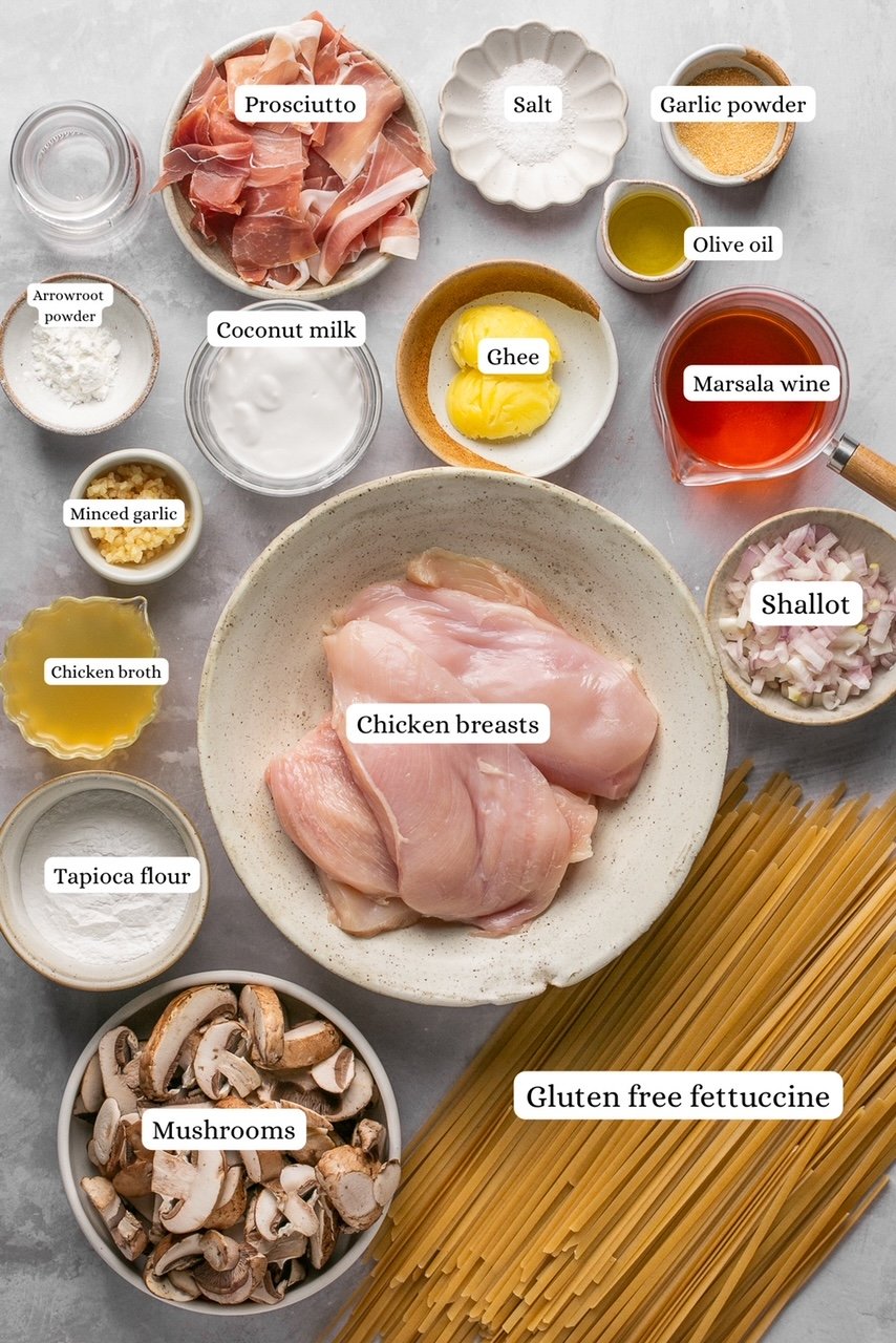 ingredients for chicken marsala with pasta in nesting bowls