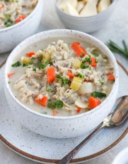 Creamy chicken and wild rice soup in a bowl on a plate with a spoon