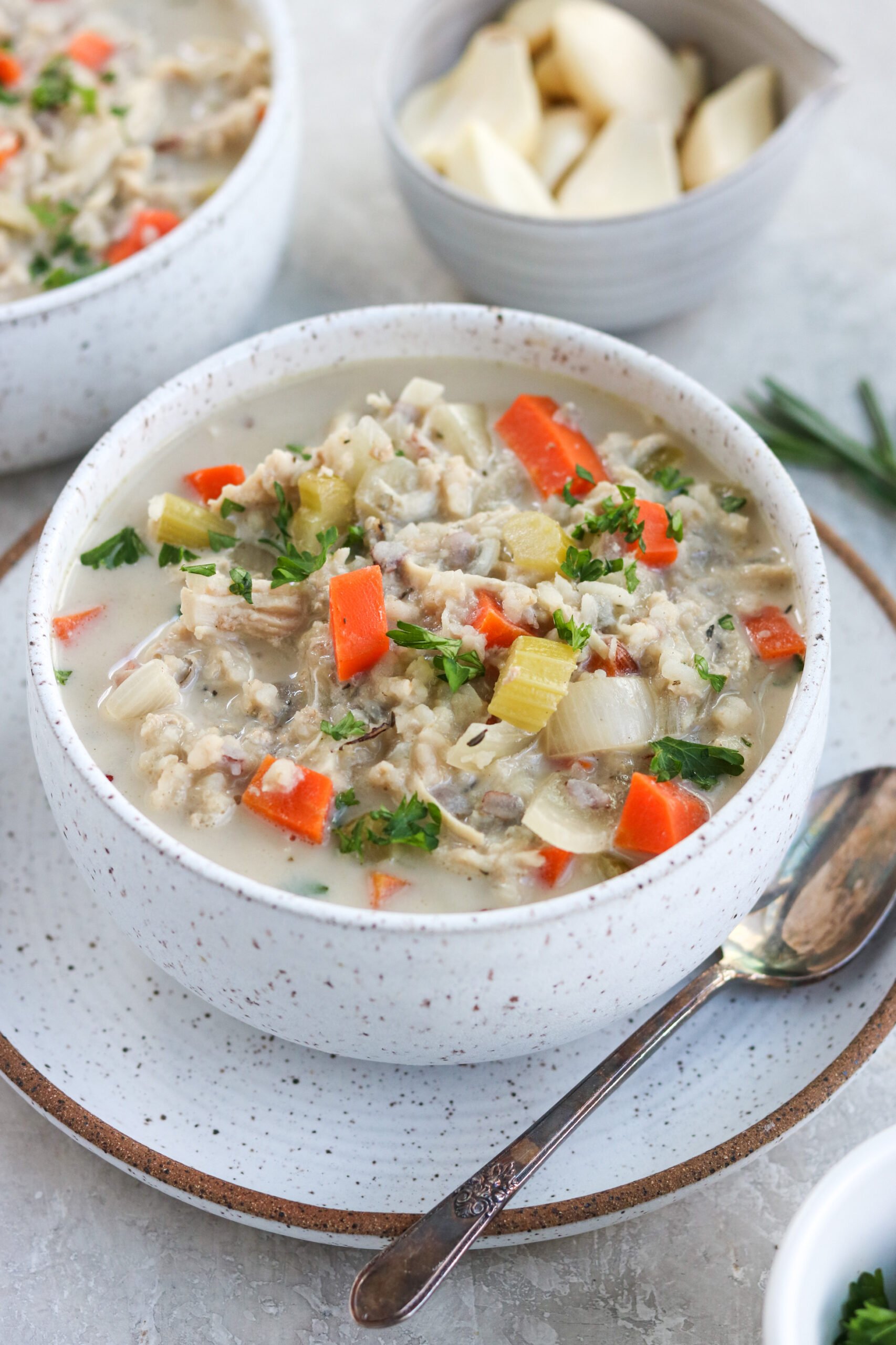 Creamy Panera chicken and wild rice soup in a bowl on a plate with a spoon