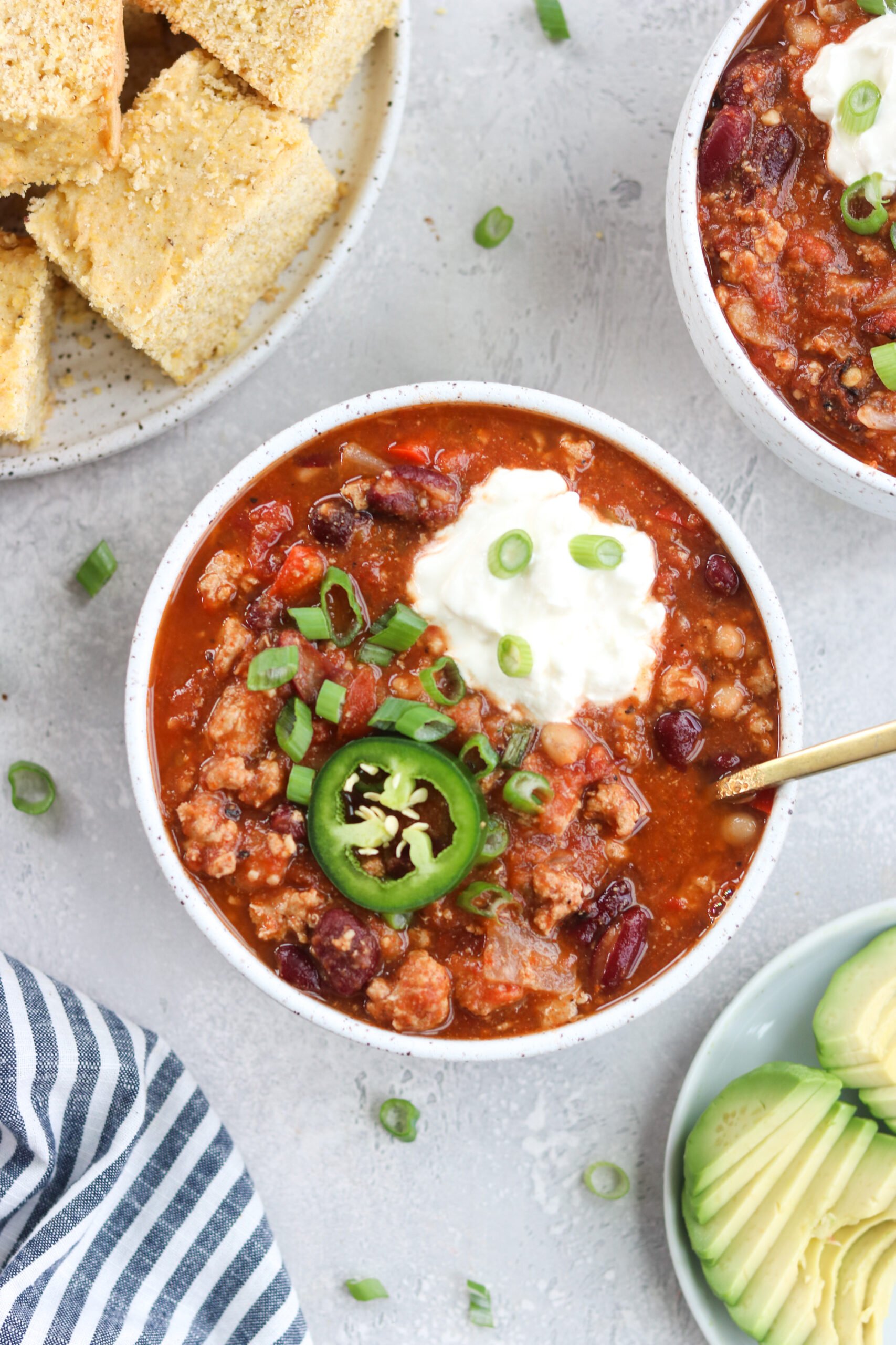 top view of Slow Cooker Turkey Chili with jalapeno