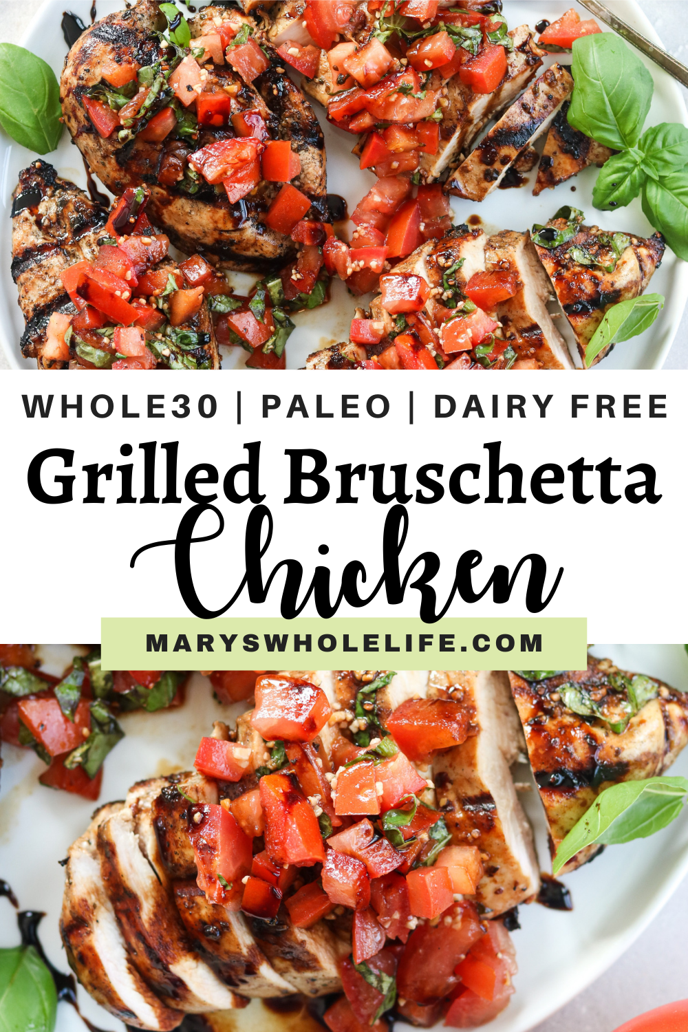 collage blog cover with text and grilled bruschetta chicken