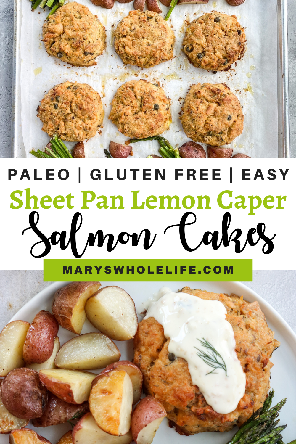 collage of salmon cakes and text title of blog post