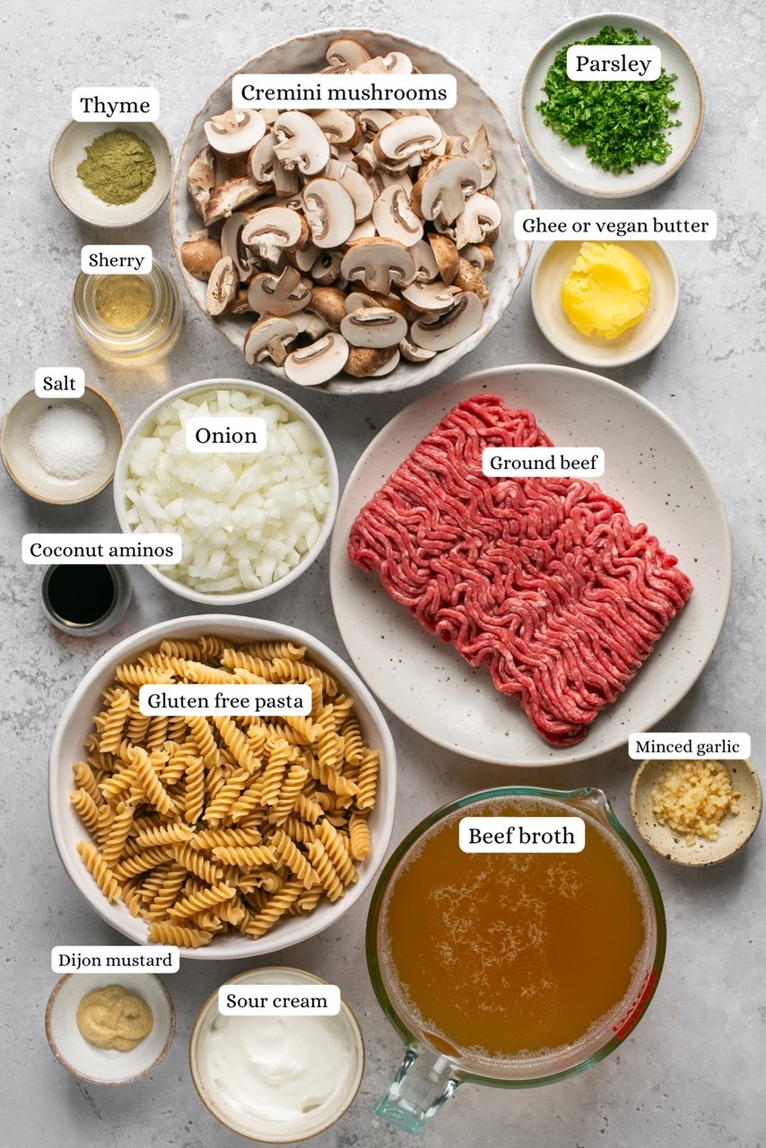 ingredients for gluten free ground beef stroganoff with pasta