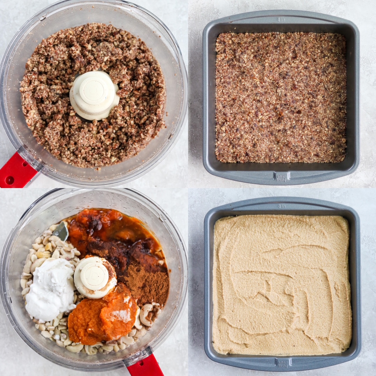 four quadrants of pictures showing how to make the pecan crust and the pumpkin cheesecake filling