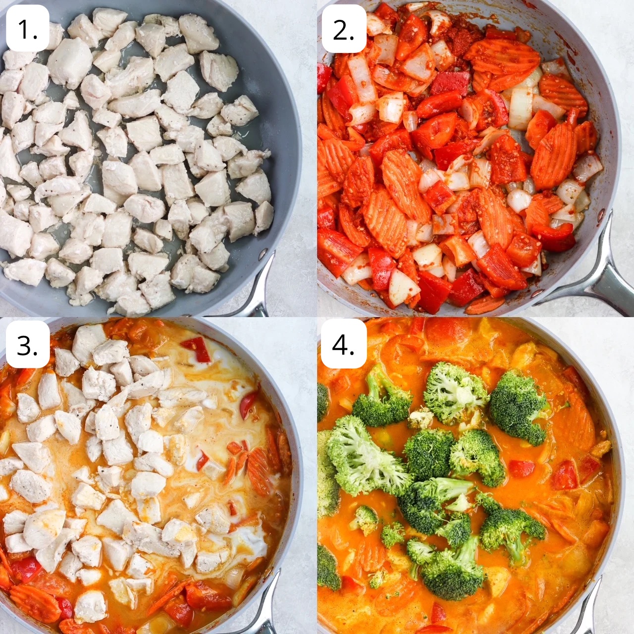 four steps pictured for how to make pumpkin chicken curry