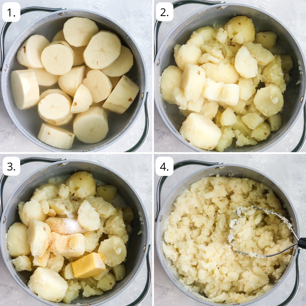 4 photos to show how to make dairy free mashed potatoes on the stove top