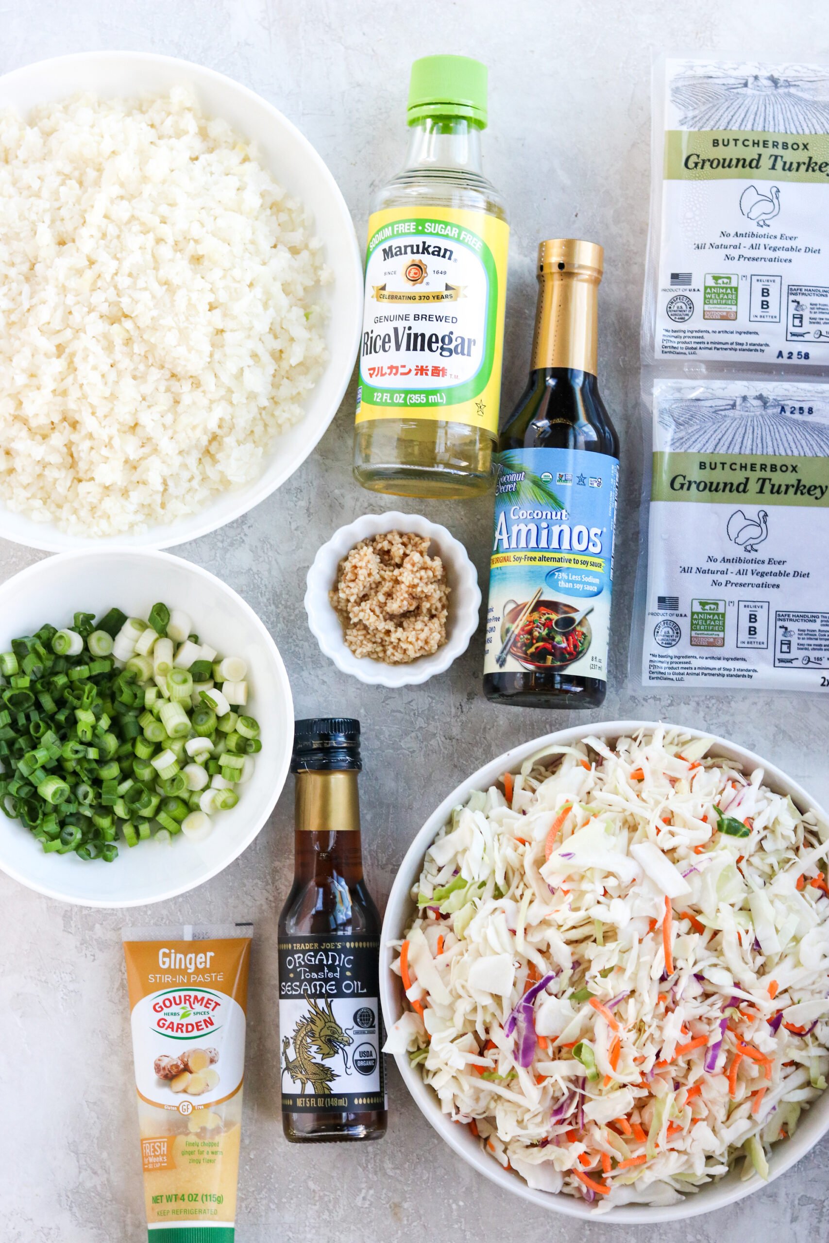 all of the ingredients to make keto egg roll in a bowl 