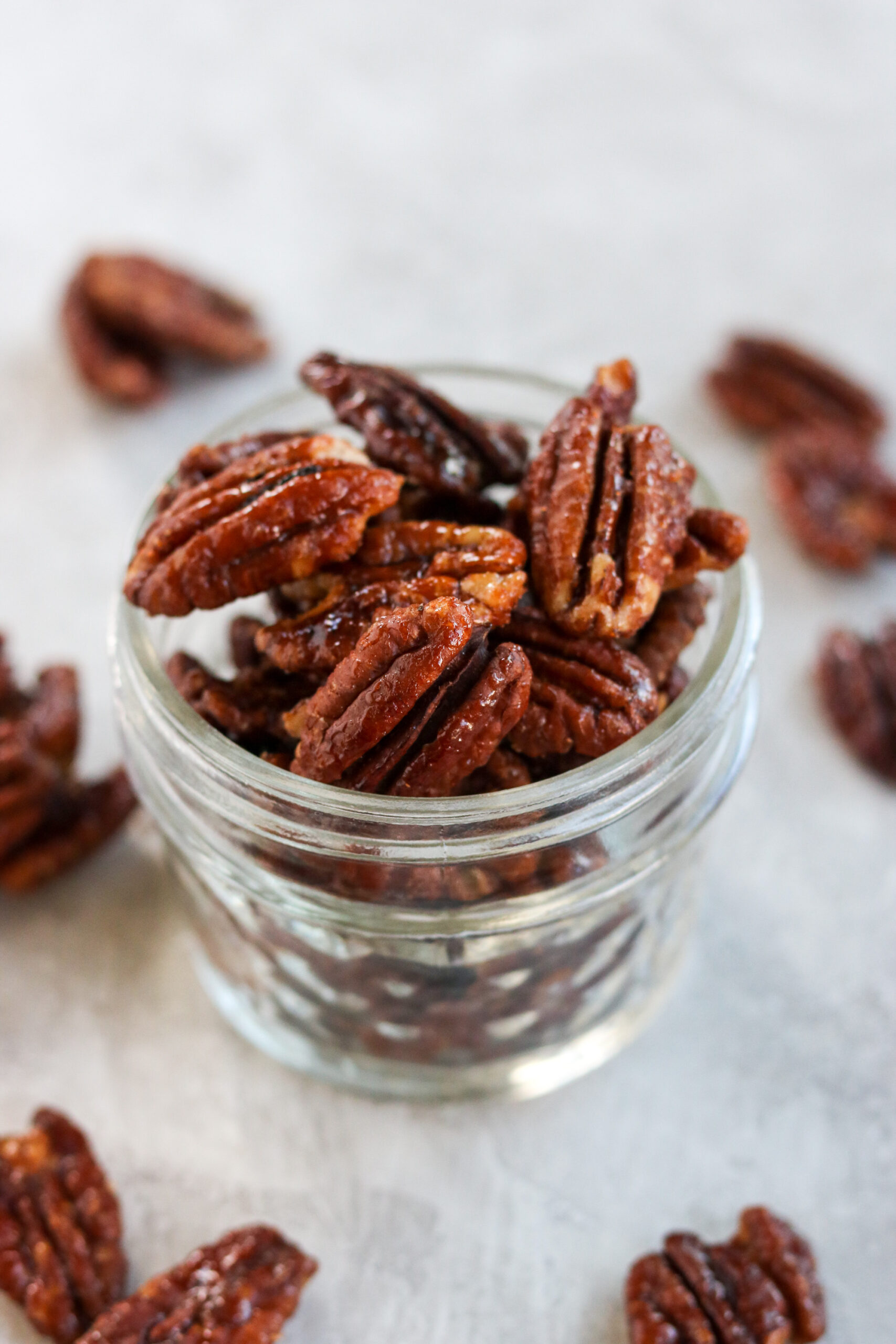 Candied pecans in a mason jar 