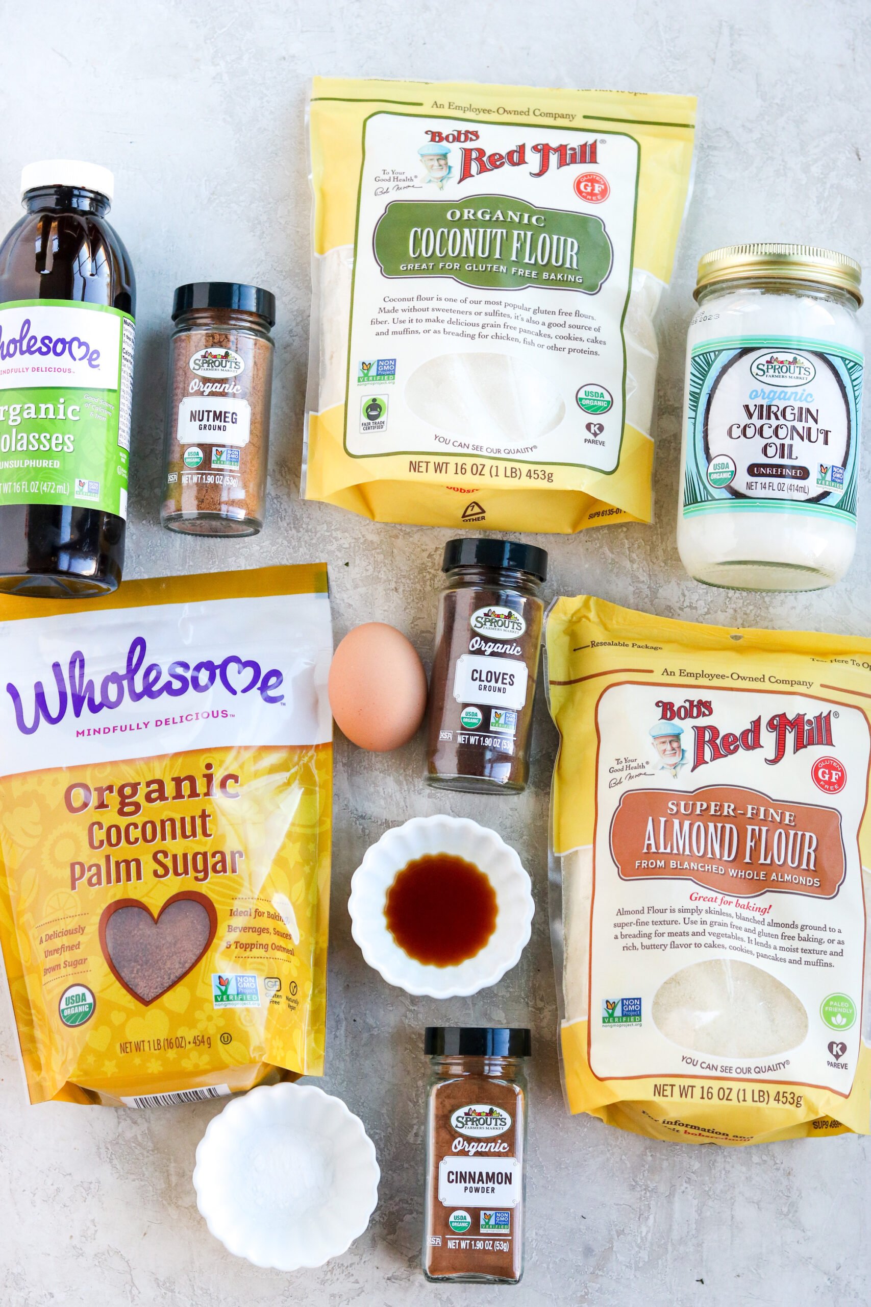 ingredients to make almond flour cookies with ginger and vegan molasses 