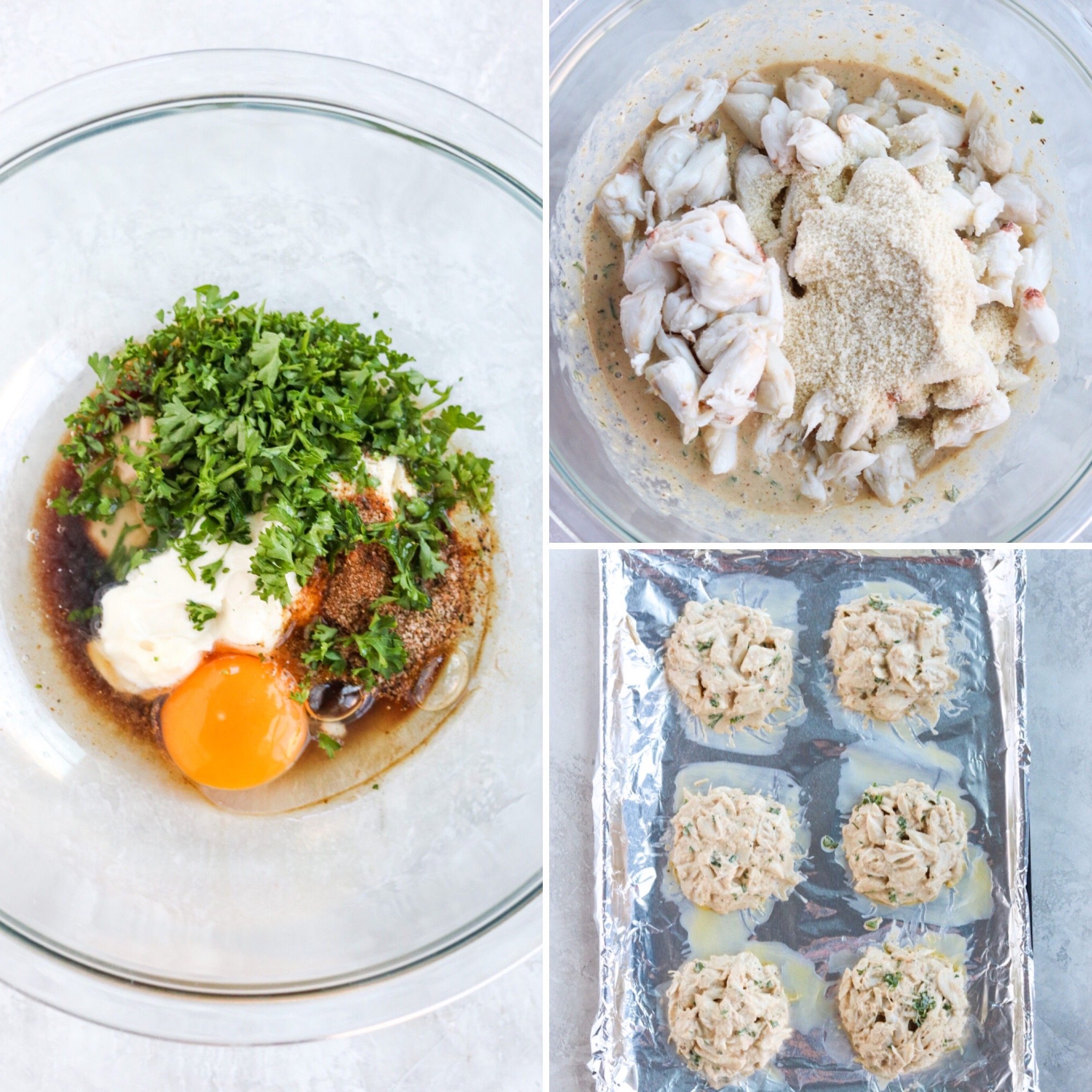 3 photos showing how to form crab cakes
