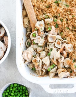 Gluten Free Tuna Noodle Casserole with peas and mushrooms