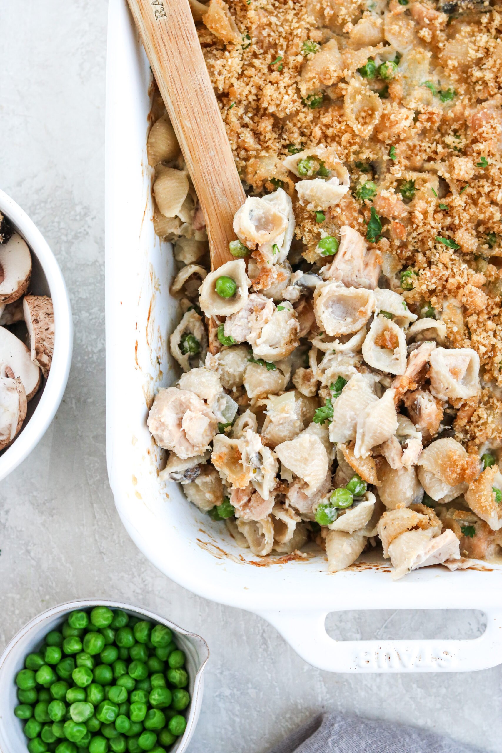 Gluten Free Tuna Noodle Casserole with peas and mushrooms