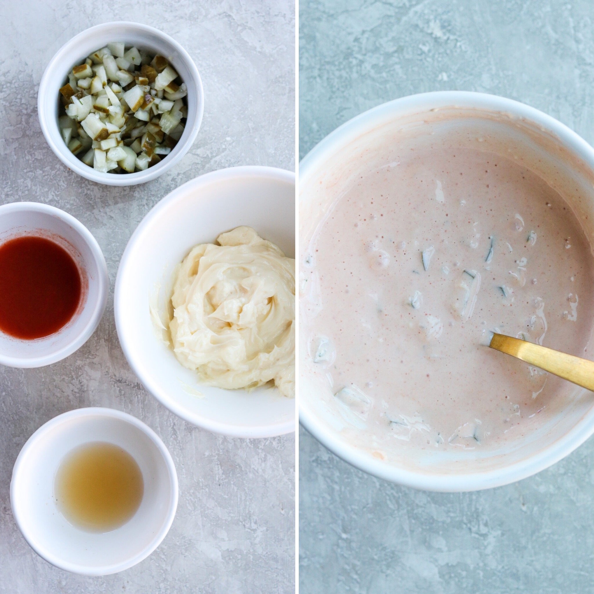 two photos showing tartar sauce ingredients and then one with them all mixed together