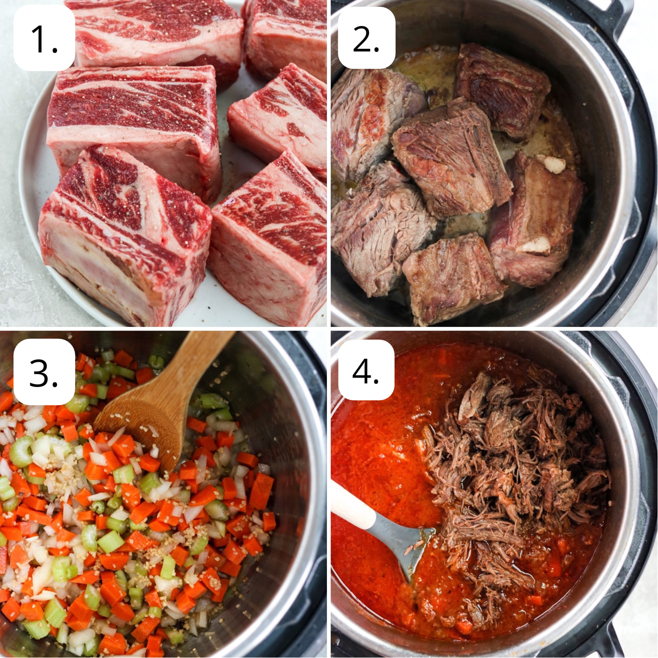 4 photos in a collage showing how to make Instant Pot short rib ragu