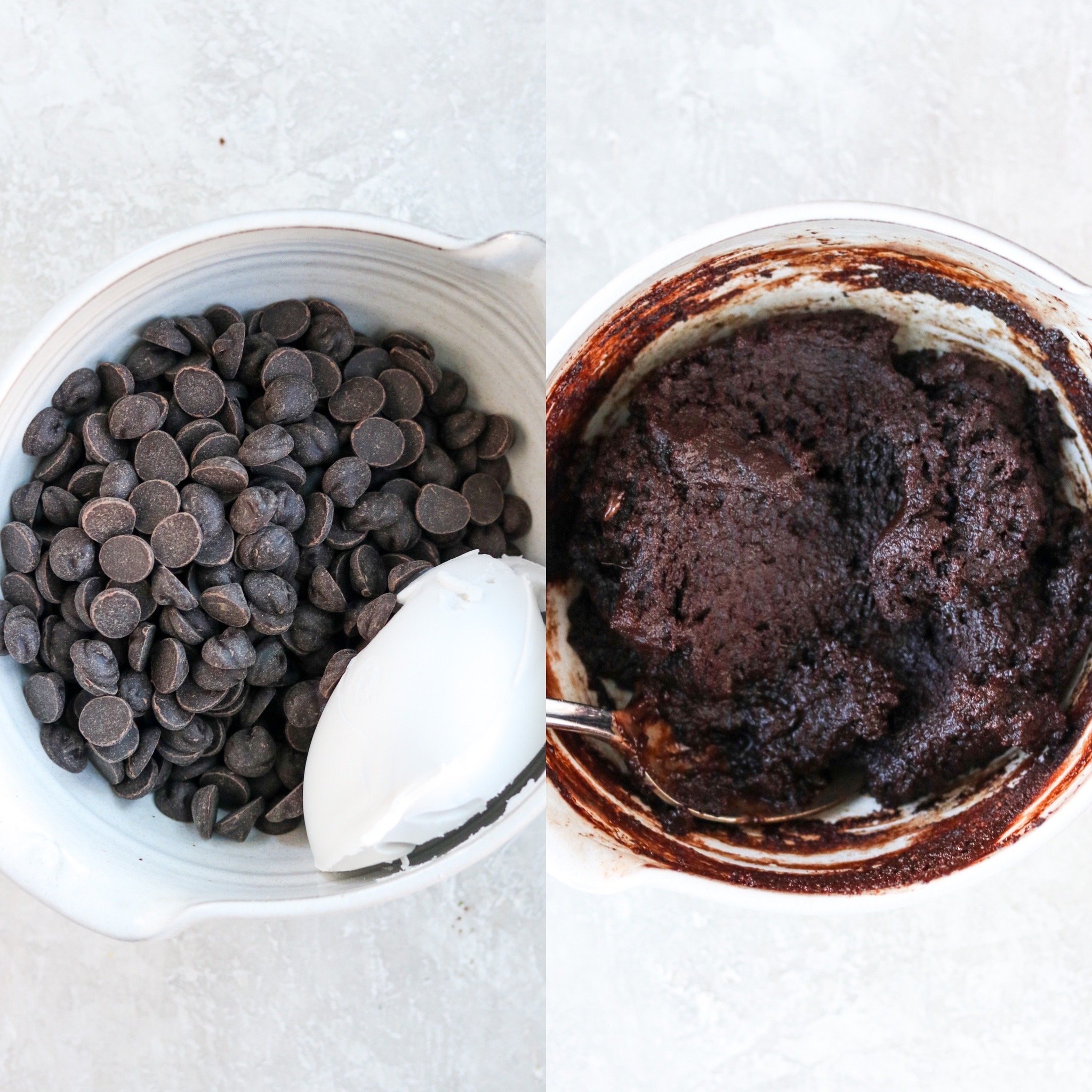 Steps to make dairy free chocolate ganache: chocolate chips and coconut milk in a bowl. Mixed and unmixed