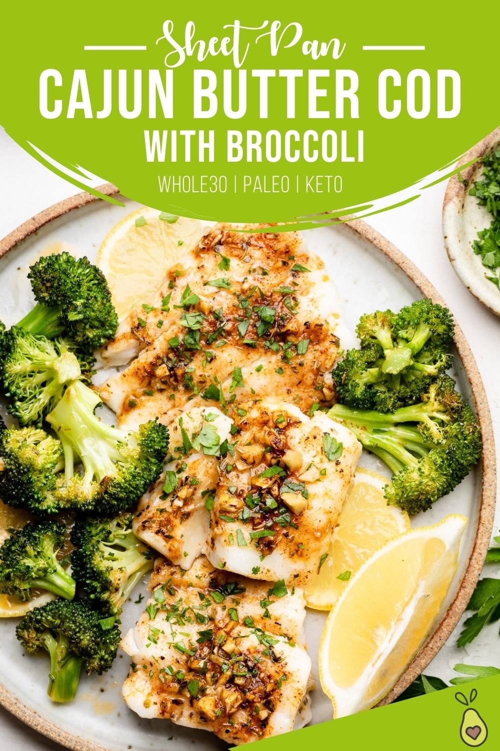 Pinterest tall pin of Sheet Pan Cajun Cod & Broccoli