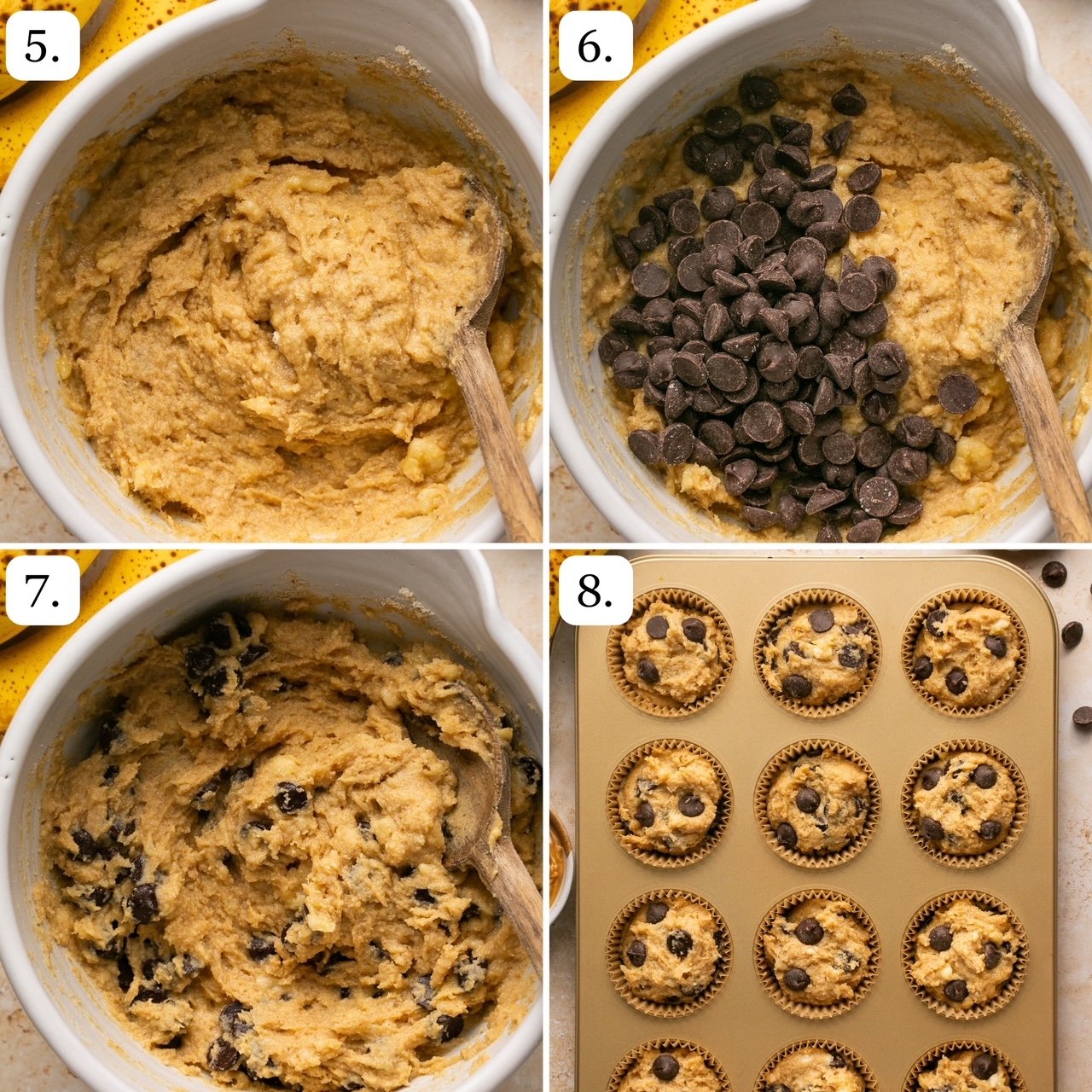Steps 5 through 8 for making banana bread muffins with chocolate chips