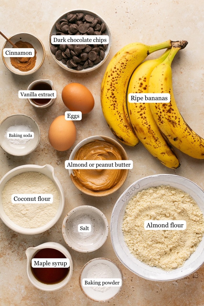 ingredients for gluten free banana bread muffins in nesting bowls