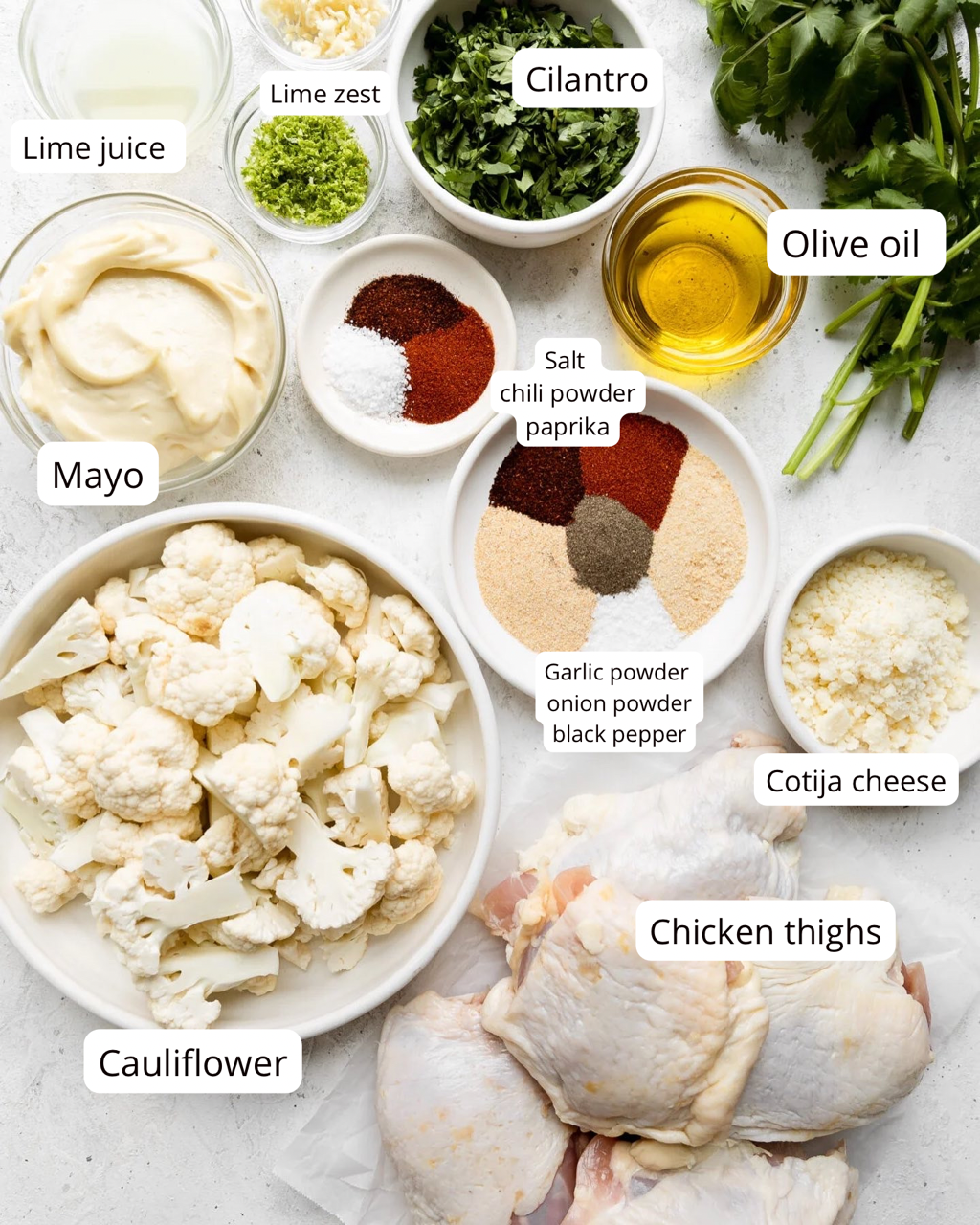 Ingredients for sheet pan street cauliflower and chicken thighss