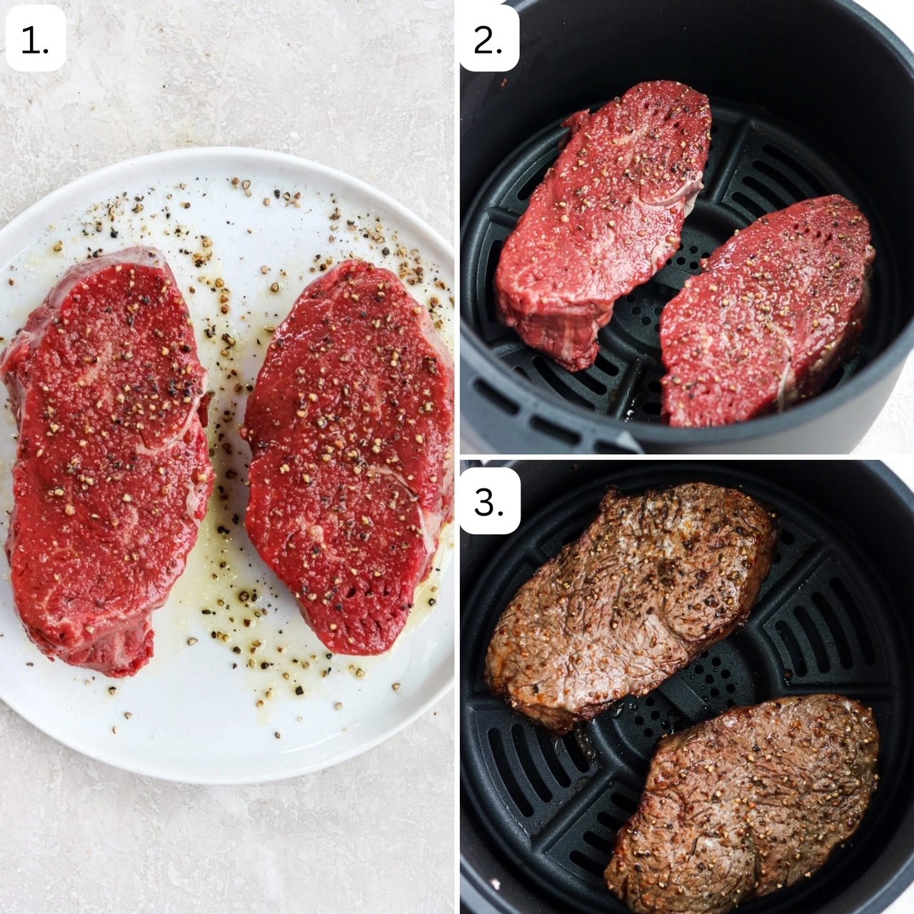 air fryer filet process shots in 3 photos in a collage