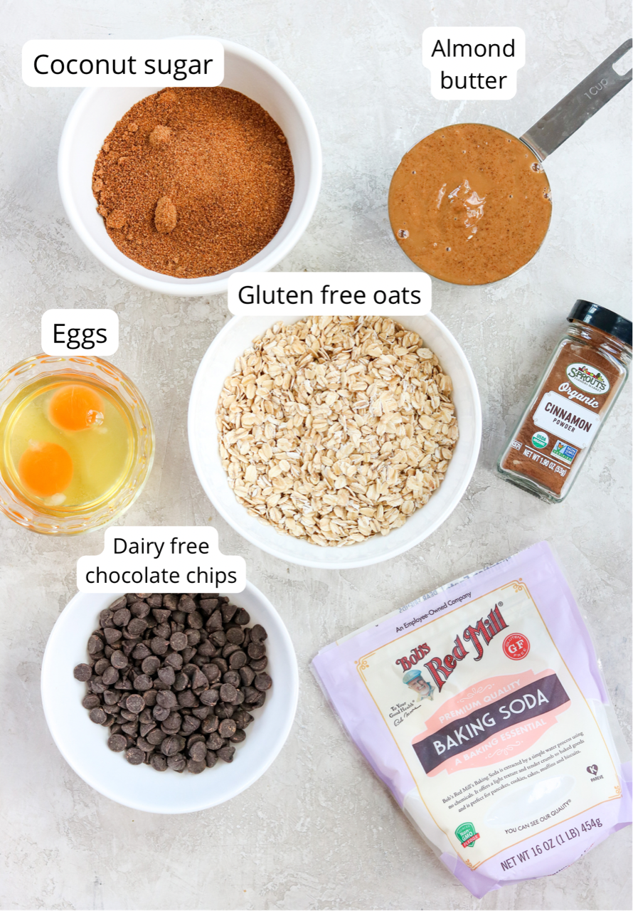 Ingredients for gluten free chocolate chip oatmeal cookies