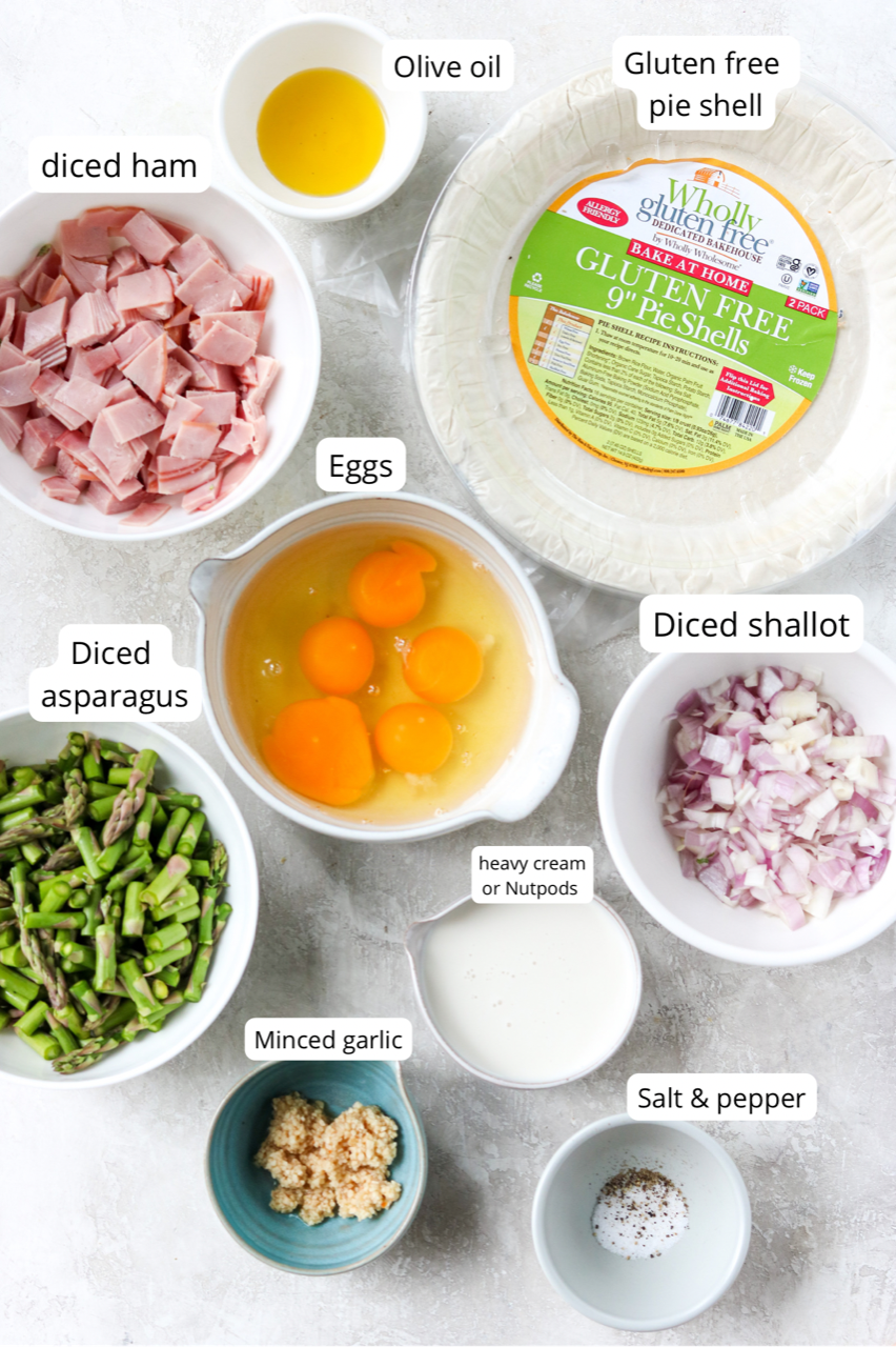 Ingredients for gluten free quiche with ham and asparagus