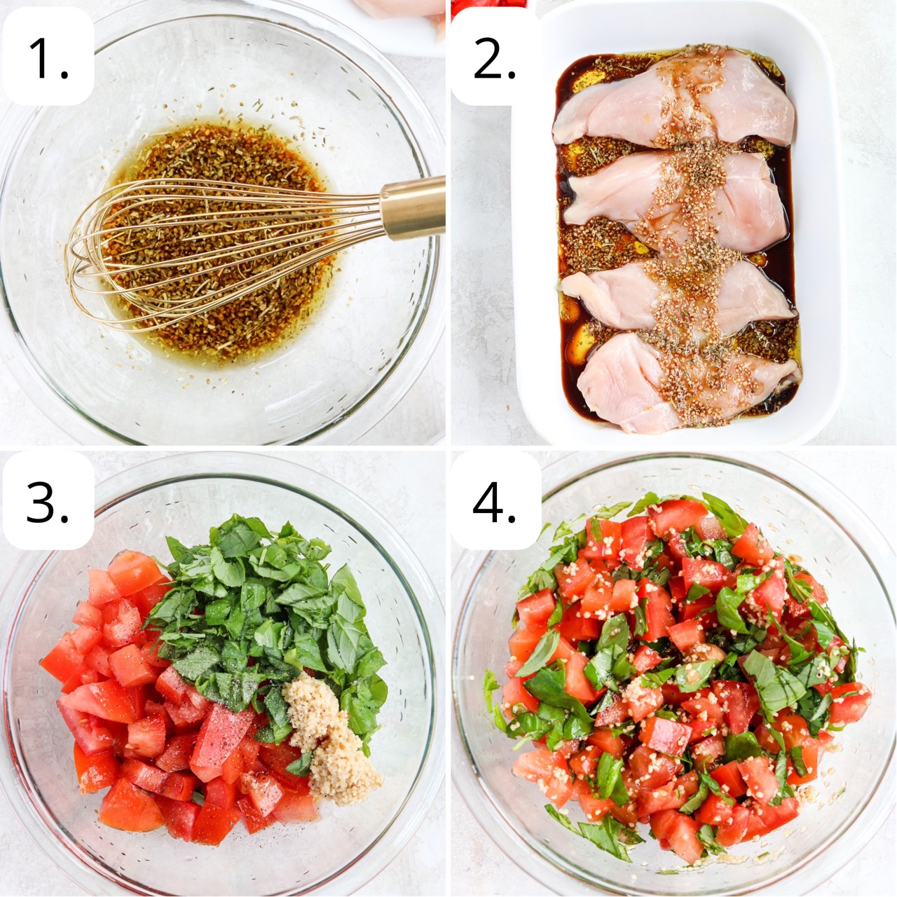 four steps to make bruschetta chicken - mix the marinade, pour it over chicken, mix up the bruschetta topping