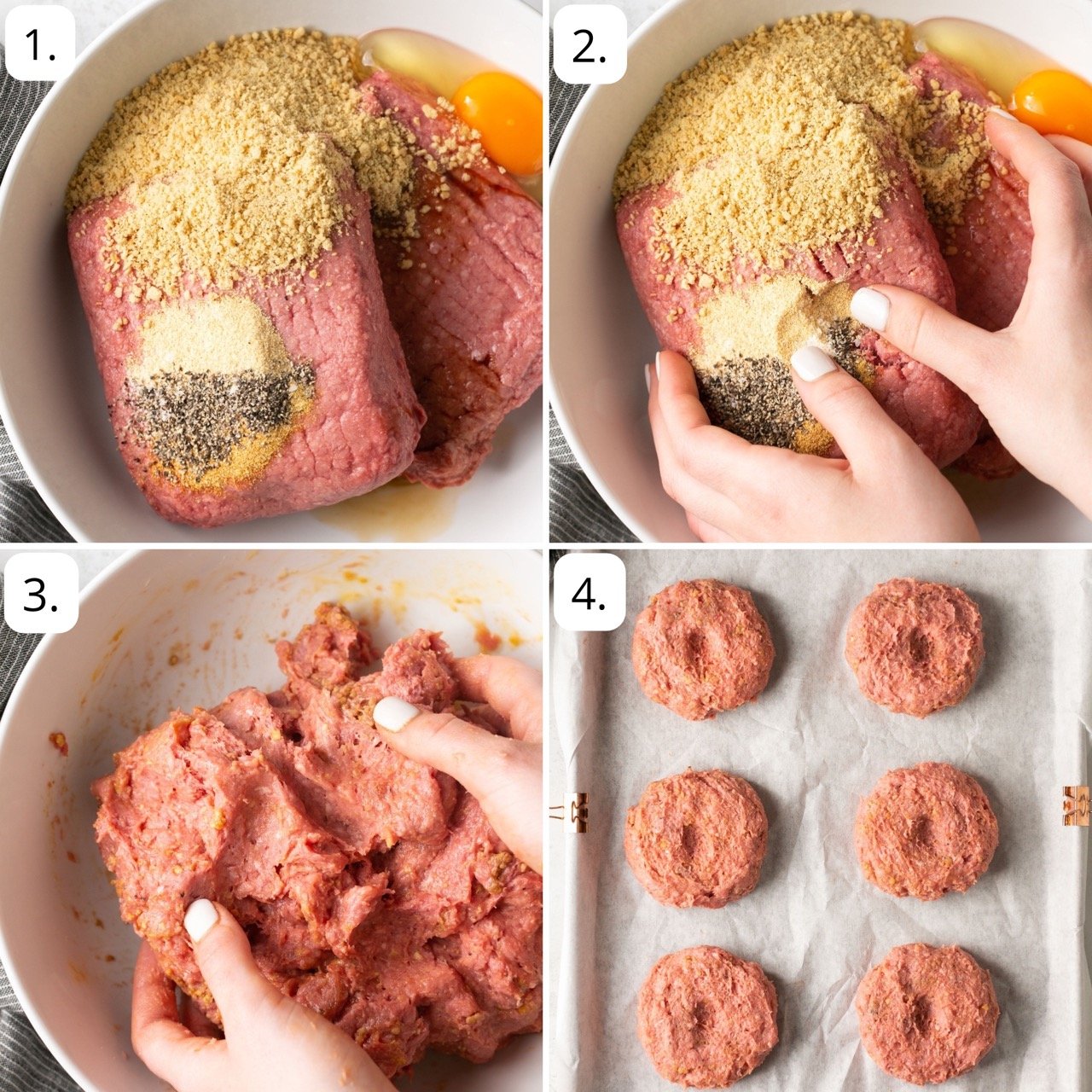 four quadrants of step by step photos showing how to make gluten free burger patties