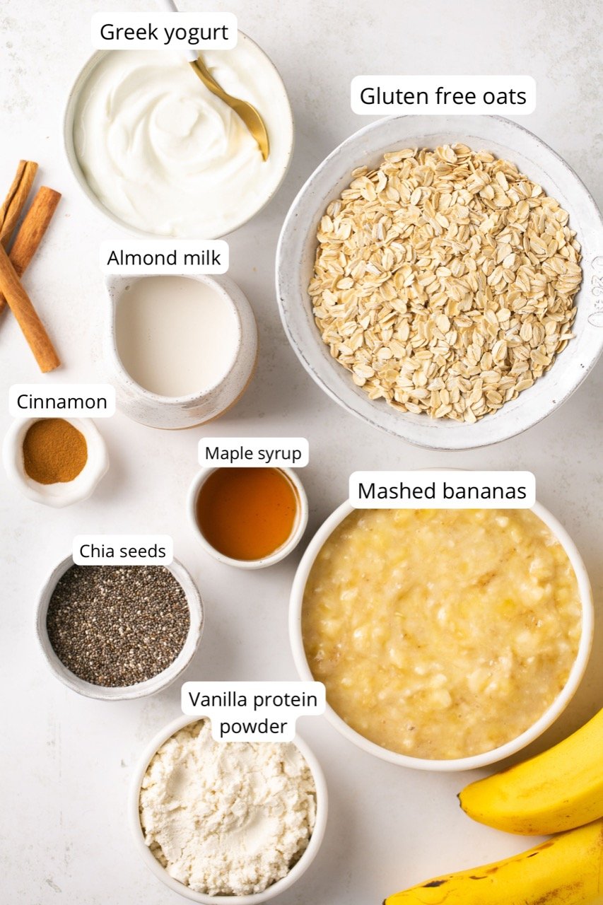 ingredients for overnight oats in nesting jars and various size bowls